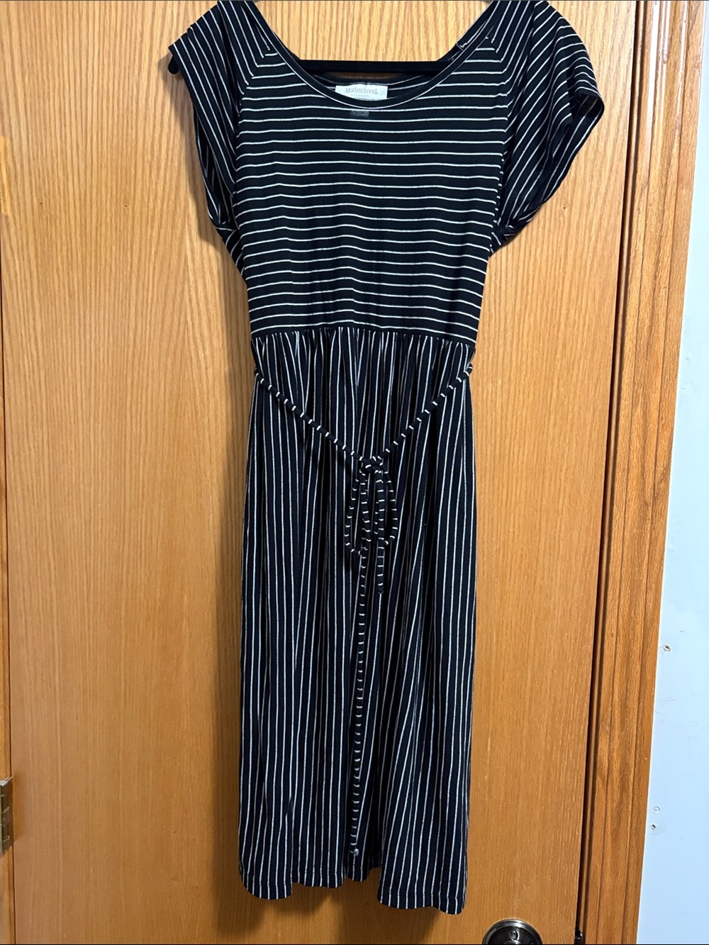 Motherhood Maternity Black & White Striped Tie-Waist Midi Dress